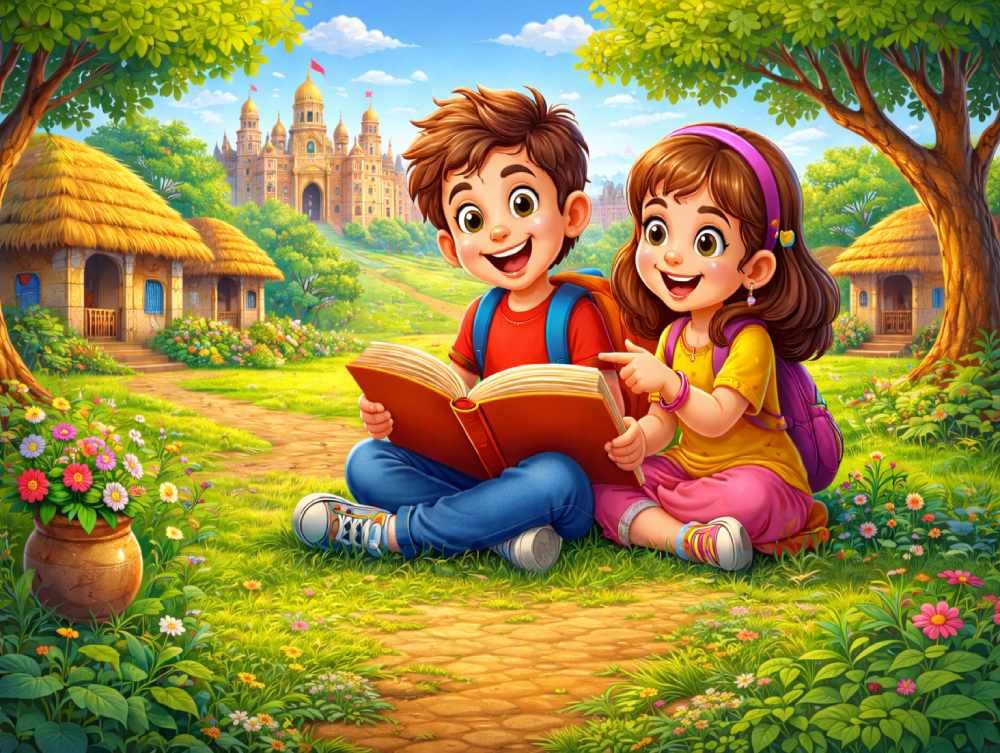 Children reading hindi kahaniya in a village garden illustration