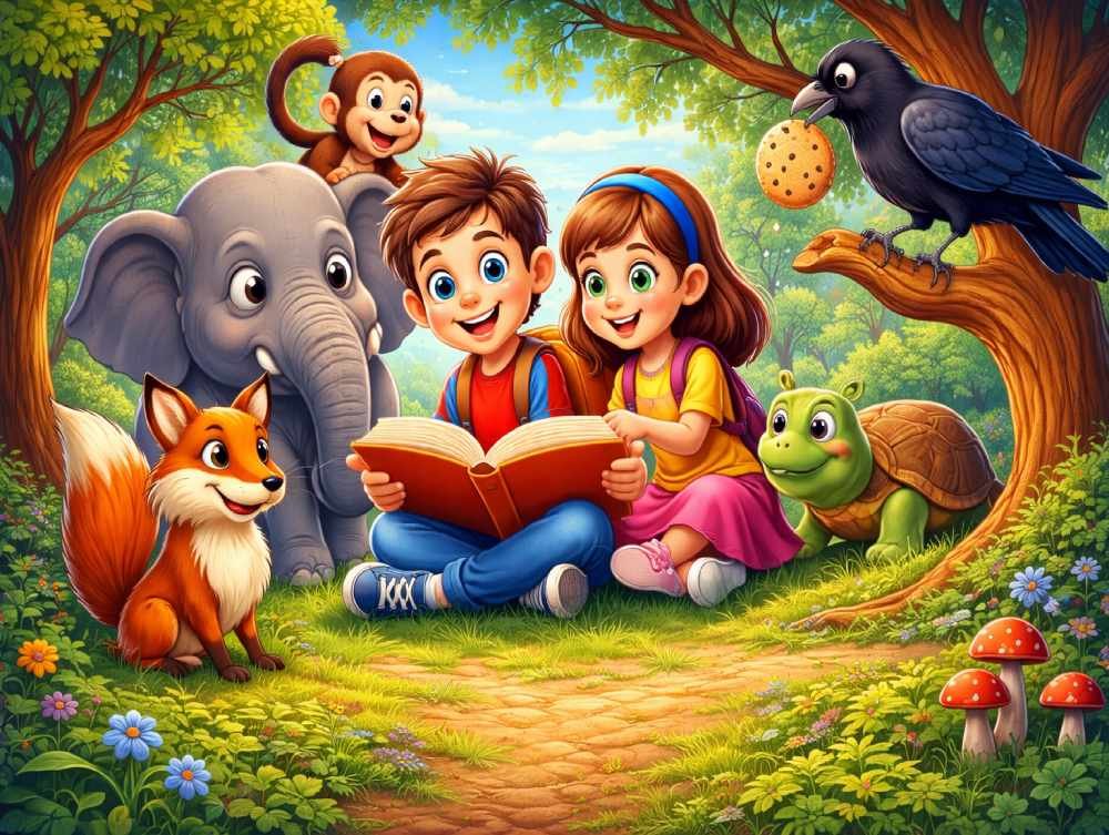 Children reading moral stories with animals in a forest illustration