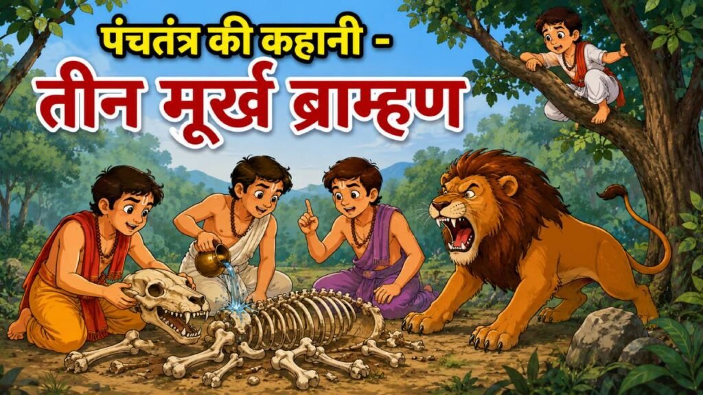 बच्चों की लोकप्रिय पंचतंत्र की कहानी – तीन मूर्ख ब्राम्हण और शेर